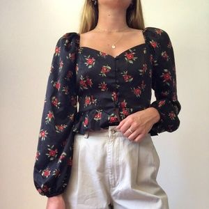 Black satiny square neck blouse